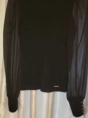 Elie Tahari Black Ribbed Crewneck Sweater with Sheer Long Sleeves